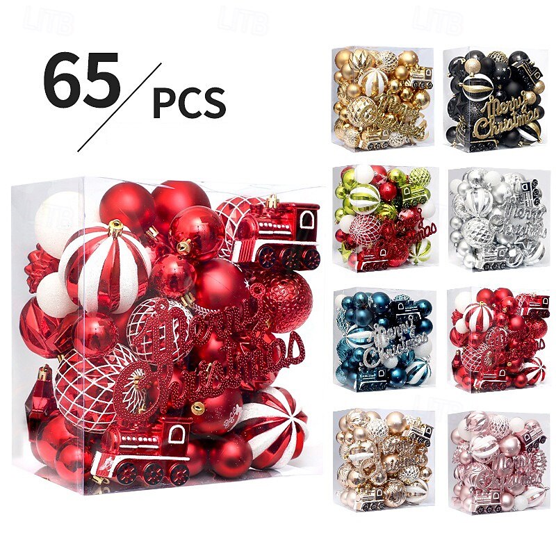 65 pcs Christmas Tree Balls Baubles Ornaments Xmas Decoration, Painted Hanging Set, Festive Tree Decor for Holiday Party
