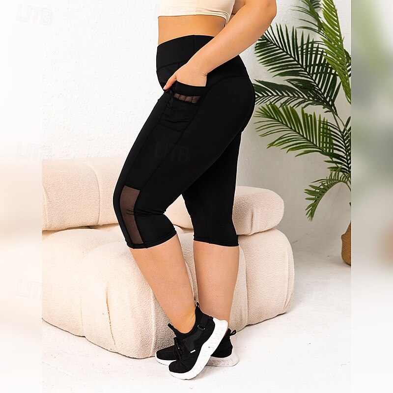 Women's Cropped Leggings Yoga Leggings with Pockets Large Size Tummy Control High Waist Gym Athletic Running Bottoms Solid Color Black Grey Fall Sports Activewear