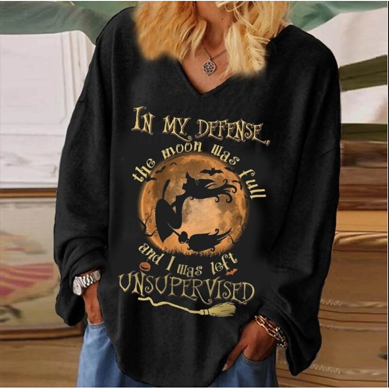 Halloween Women's T shirt Witch Vintage Stylish Basic Long Sleeve V Neck Regular Tops Weekend Black Gray Fall