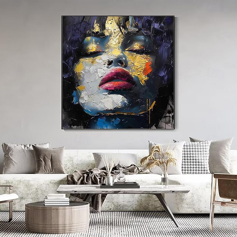 Handmade Oil Painting Acrylic Canvas Wall Art Decoration Pop Art Women Face Knife Drawing for Home Decor Rolled Frameless Unstretched Painting2