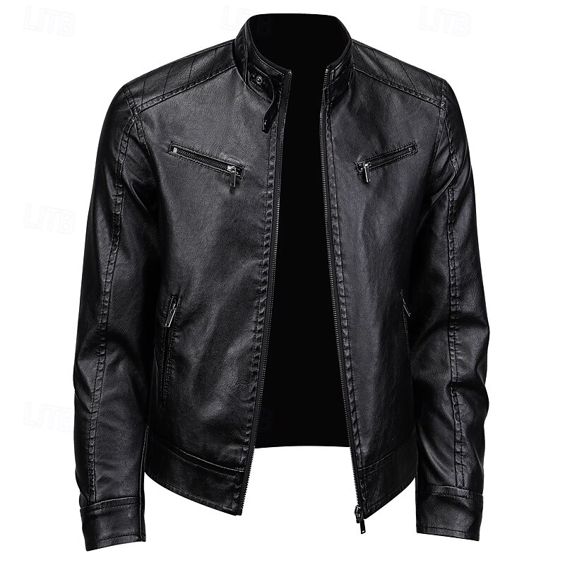Men's Faux Leather Jacket Motorcycle Jacket Outdoor Vacation Warm Zipper Pocket Fall Winter Plain Fashion Streetwear Standing Collar Regular Black Wine Brown Coffee Jacket2