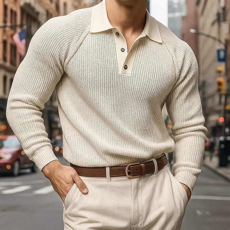 Men's Polo Shirts Rib Knit Top Business Casual Ribbed Polo Collar Long Sleeve Fashion Basic Solid Color Textured Knitting Fall Winter Regular Fit Beige Polo Shirts