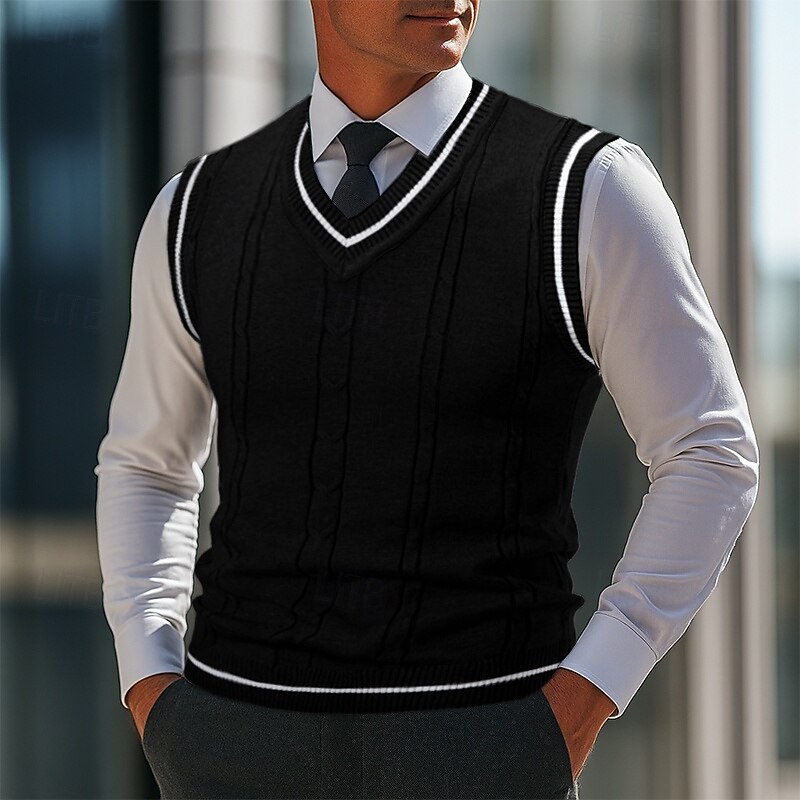 Men's Sweater Sweater Vest Pullover Sweater Jumper Vest Ribbed Knit Regular Tops Knitted Slim Fit Plain V Neck Knitwear Contemporary Casual Daily Wear Clothing Apparel Fall Black White L XL 2XL4