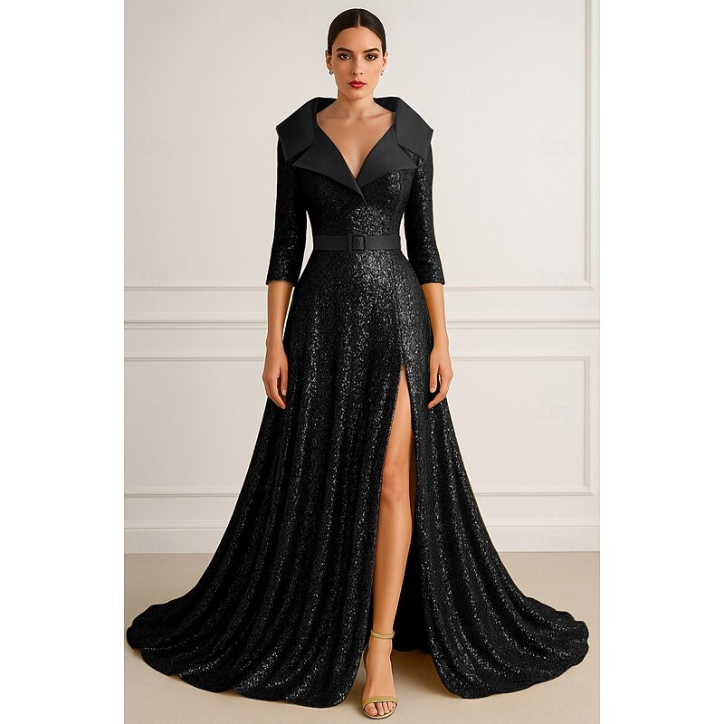 Green Gold Black Sequined A-Line Evening Gown Elegant Dress Formal Wedding Floor Length Half Sleeve Lapel Belt / Sash Satin with Glitter Pleats 20252