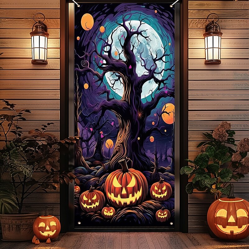 Halloween Door Cover Outdoor Banners Pumpkin Cemetery Psychedelic Dark Punk Gothic Style Party Outdoor Shooting Backgrounds Front Door Wall Porch Home Decor