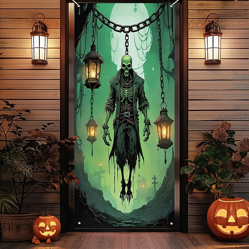 Halloween Door Cover Outdoor Banners Skeleton Pumpkin Psychedelic Dark Punk Gothic Style Party Outdoor Shooting Backgrounds Front Door Wall Porch Home Decor