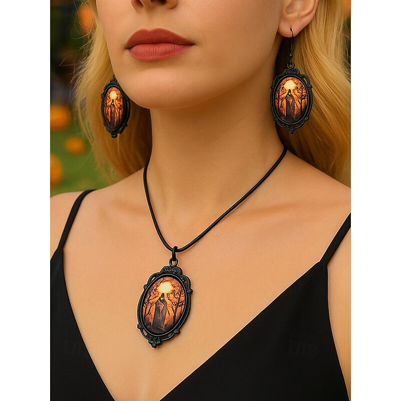 Women's Halloween Witch Jewelry Set – Gothic Black Pendant Necklace and Earrings with Full Moon Design for Party, Cosplay and Nightlife2