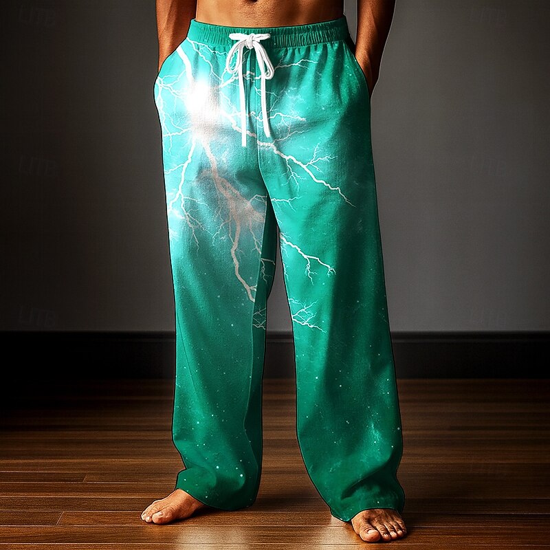 Halloween Men's Lightning Halloween Costumes Trousers Baggy Pants Casual Pants Mid Waist Dark Gothic Style Holiday Elastic Drawstring Waist Linen-Like Pants with Pockets Spring Fall 3D Print Blue3