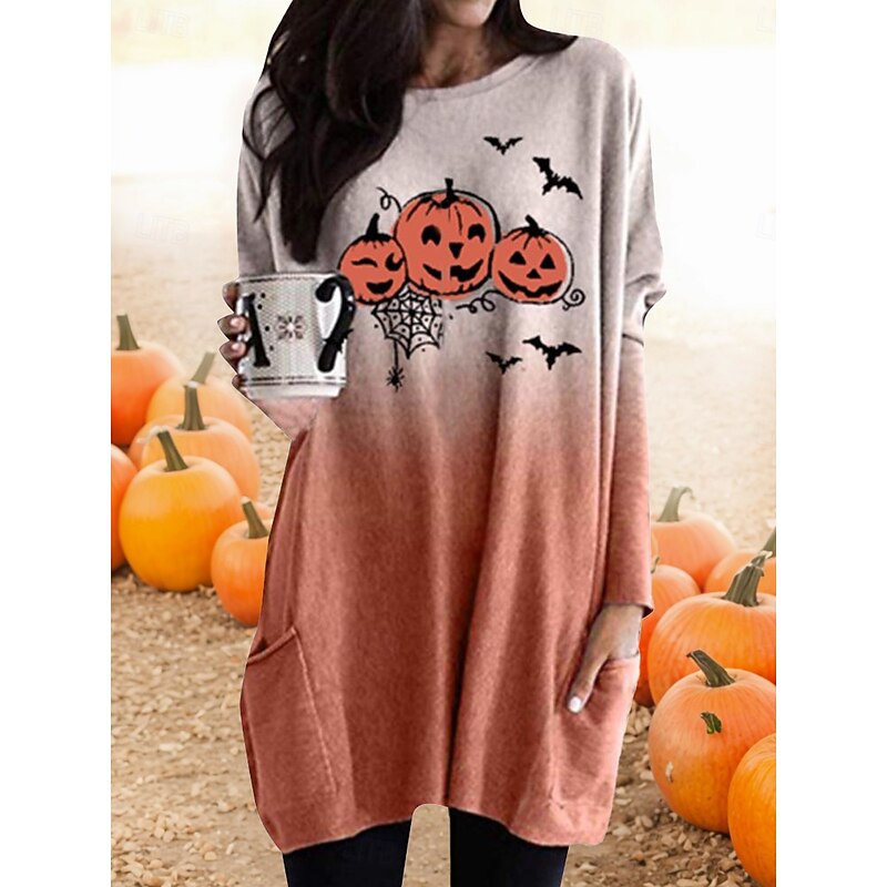 Halloween Women's T shirt Bat Graphic Vintage Fashion Trendy Long Sleeve Crew Neck Long Tops Daily Going out Weekend Pocket Print Pink Blue Purple Orange Spring Fall2