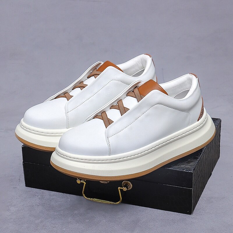 Men's Slip-On Sneakers - Faux Leather Casual Low-Top Shoes with Elastic No-Lace Design, Contrast Brown Accents, and Chunky Sole for Urban Streetwear, Travel, and Fashionable Everyday2