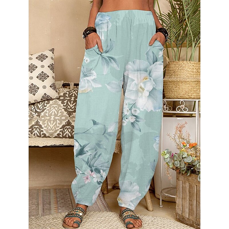 Women's Chinos Pants Trousers Active Fashion Long High Waist Floral Pocket Elastic Waist Printing Breathability Soft Micro-elastic Vacation Street Daily Wear Purple Green Spring Fall Regular Fit3