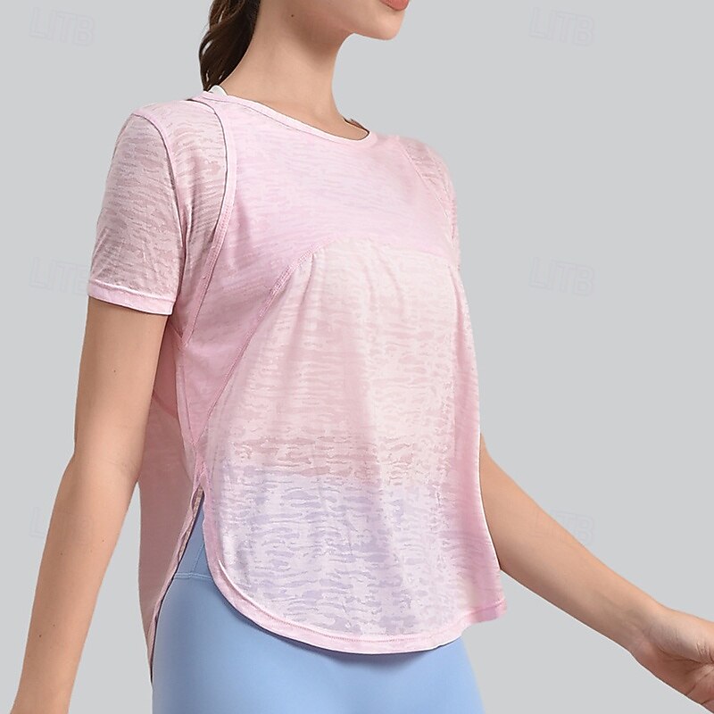 Women's Yoga Shirts Crew Neck Breathable Short Sleeve Sports Solid Color Top For Gym Running Fitness Loose Fit Activewear2