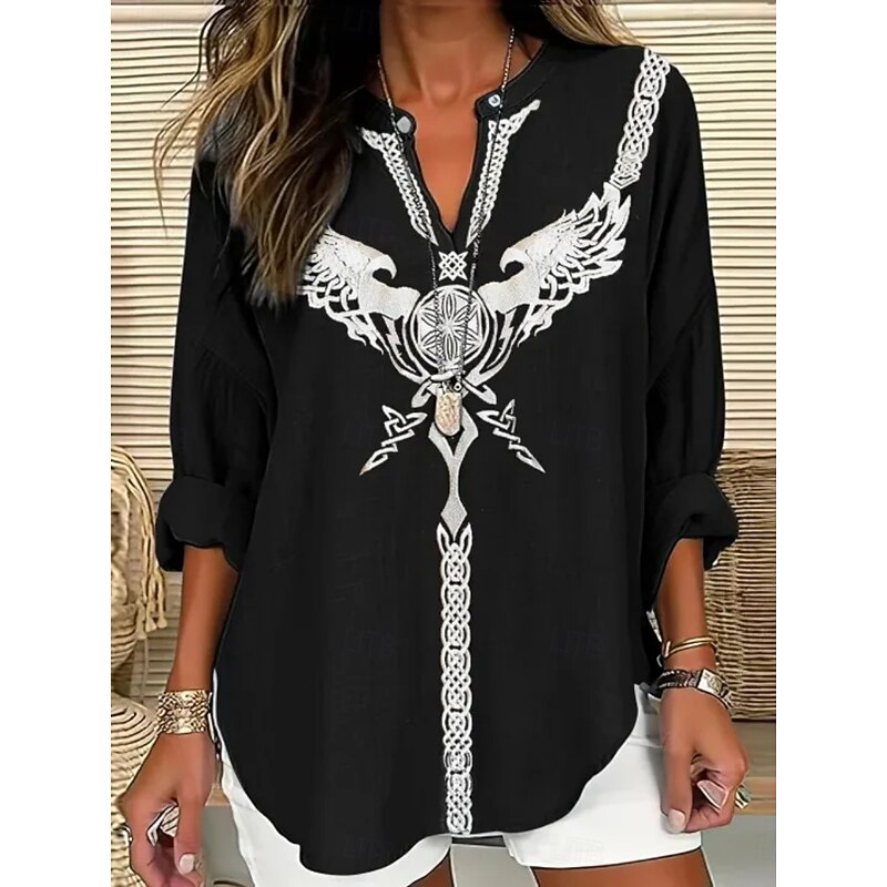 Women's Shirt Floral Daily Retro Vintage Long Sleeve V Neck Regular Tops Daily Holiday Print Black Summer Spring Fall