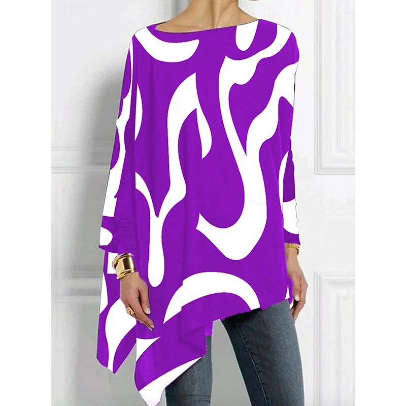Women's T shirt Long Sleeve Graphic Geometric Abstract Vintage Stylish Classic Long Sleeve Crew Neck Long Tops Daily Print Asymmetrical Black Red Blue Purple Spring Fall Prefall3