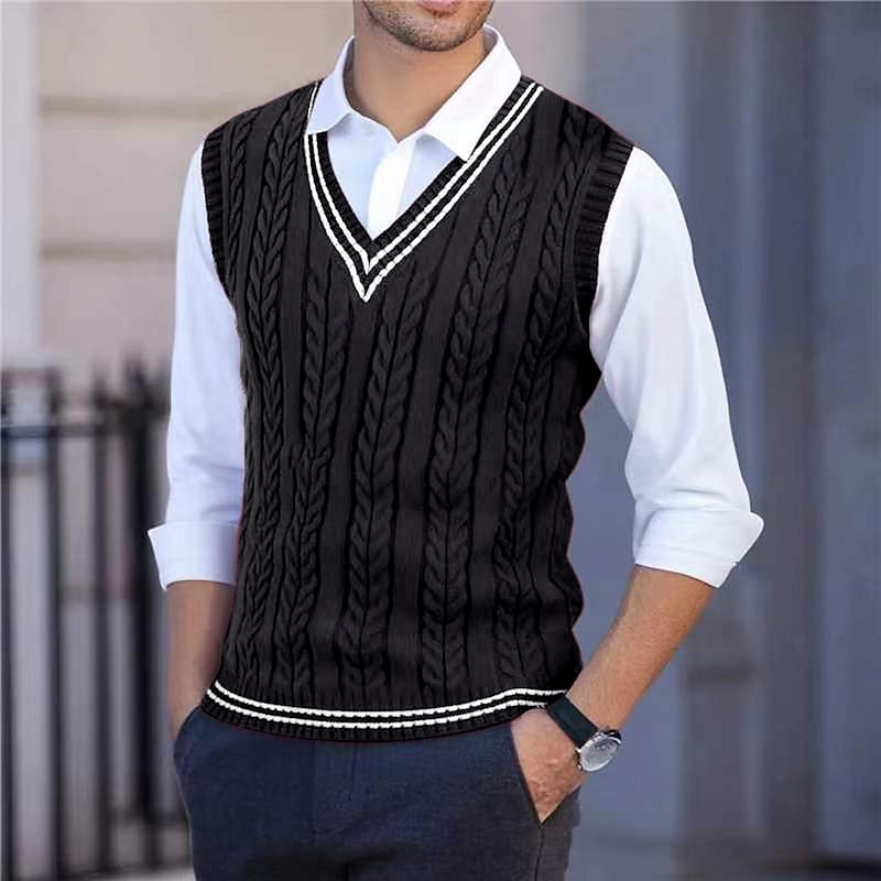 Men's Sweater Sweater Vest Pullover Sweater Jumper Cable Knit Regular Tops Knitted Slim Fit Solid Color V Neck Knitwear Contemporary Casual Daily Wear Clothing Apparel Winter Spring &  Fall Black3