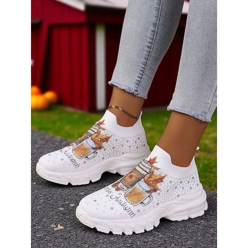 Women's Flyknit Slip-On Sneakers with Autumn Pumpkin Coffee Print – Lightweight Casual Fall Walking Shoes for Halloween & Harvest Festival