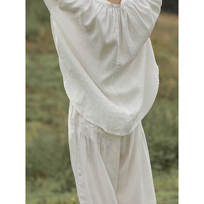 Women's Elegant Fashion Streetwear Cotton Linen Sets Long Sleeve Shirt Collar Plain Outdoor Work Casual White Summer Regular Fit3