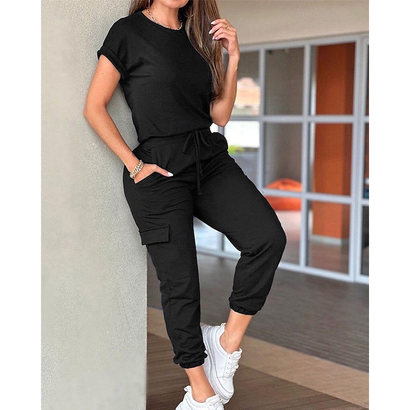 Women's Normal Jumpsuit Streetwear Solid Color Short Sleeve Crew Neck Drawstring Pocket Street Daily Regular Fit Black Light Green Pink Fall4