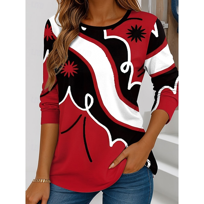Women's T Shirt Graphic Geometric Vintage Stylish Casual Long Sleeve Crew Neck Regular Tops Daily Print Red Royal Blue Purple Green Spring Fall Winter3