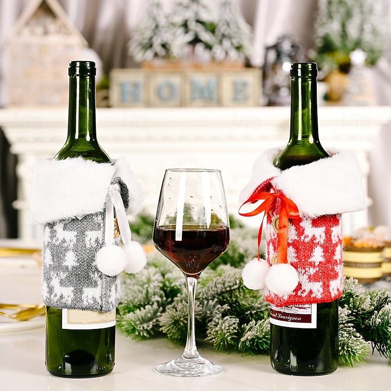 2Pcs Christmas Wine Bottle Covers, White Collar Printed Burlap Wine Bottle Sleeves, Holiday Rustic Wine Bottle Decorations3