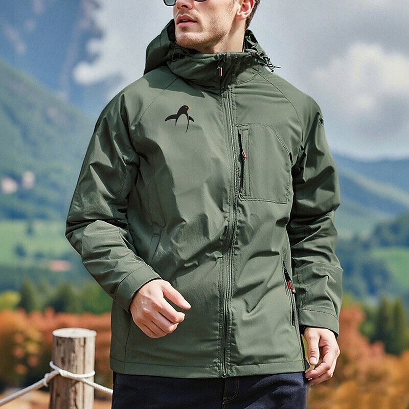 Men's Graphic Penguin Military Jacket Raincoat Shell Jacket Waterproof Lightweight Casual Sports Outdoor Camping & Hiking Embroidered Side Pockets Windbreaker Fall Winter Hooded Long Sleeve khaki2