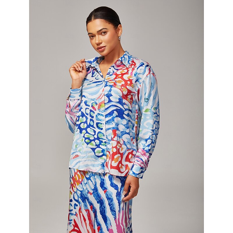 Women's Watercolor Leopard Print Satin Loose Short Shirt Drop Shoulder Shirt Collar Elegant Stylish Casual Bold Print Daily Work Fall3