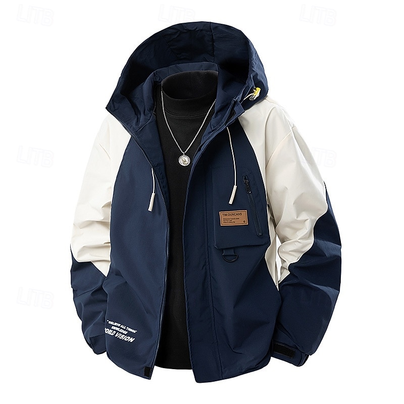 Men's Sport Coat Hiking Jacket Parka Windcheater Jacket Sports Outdoor Casual Waterproof Windbreaker Zipper Pocket Fall Solid Color Color Block Active Casual Hooded Regular Black Navy Blue Green
