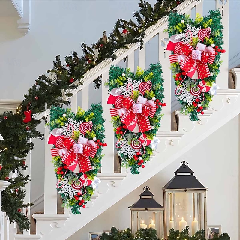 Christmas Wreath for Front Door Xmas Indoor Outdoor Decoration with Inverted Christmas Tree Candy Hanging Wall Ornament for Holiday Home Mall Party Display2