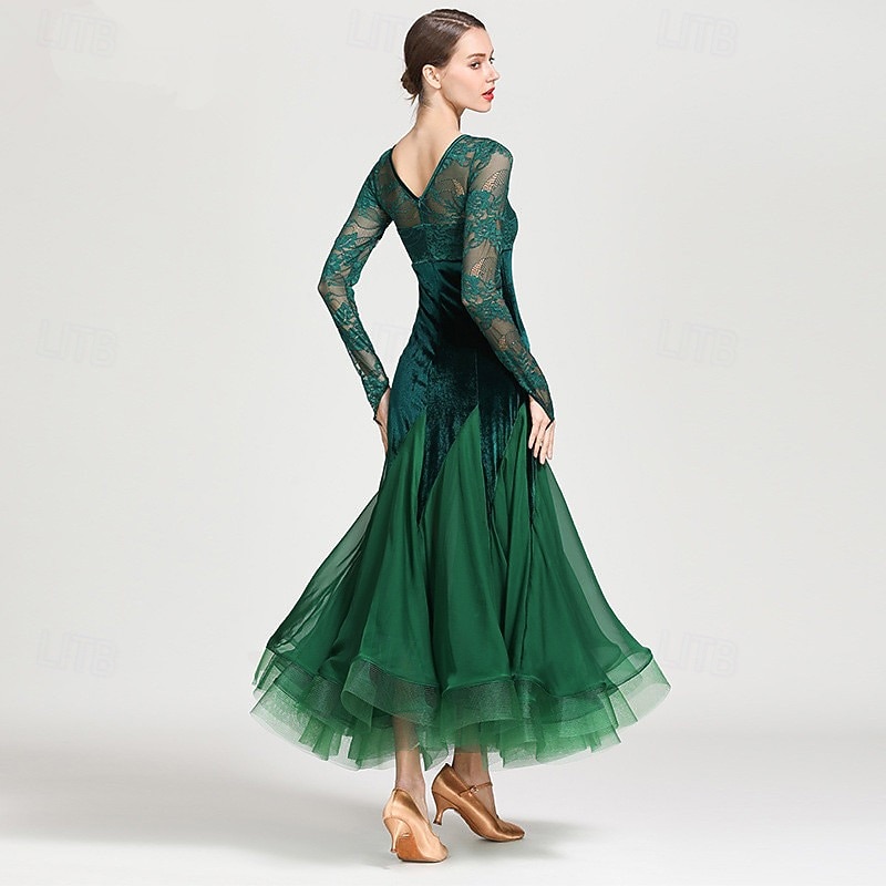 Ballroom Dance Dress Appliques Split Joint Women's Training Performance Long Sleeve Natural Chiffon Lace Velvet2
