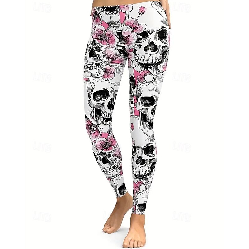Women's Pants Trousers Leggings Cozy Leggings Streetwear Casual Full Length High WaistPantsHalloween Floral Skull Elastic Waist Print Breathability Comfortable Stretchy Vacation Street Daily Wear