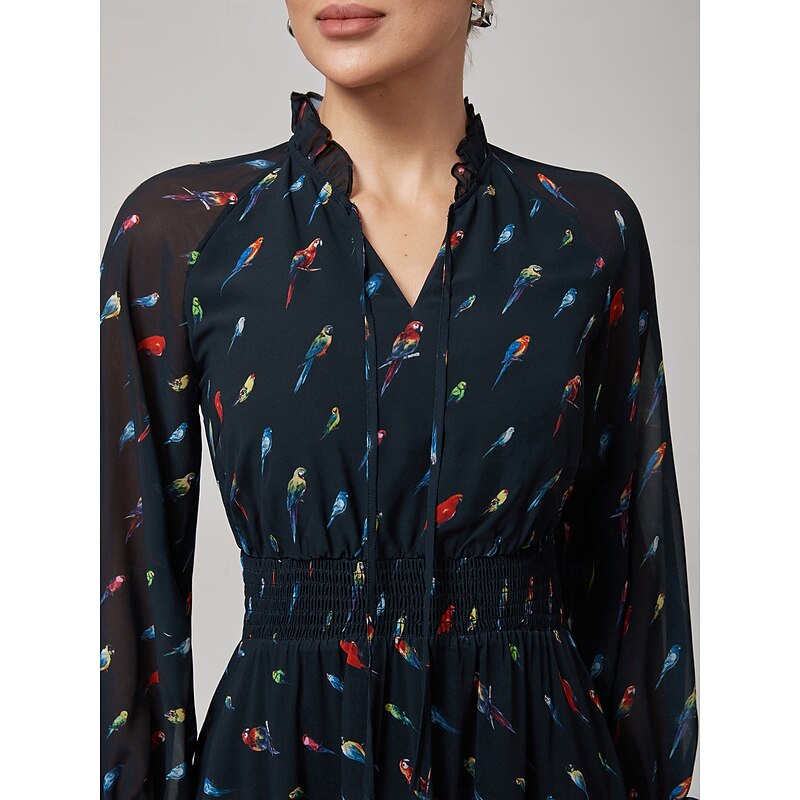 Parrot Print Ruffle Collar Black Chiffon Dress2