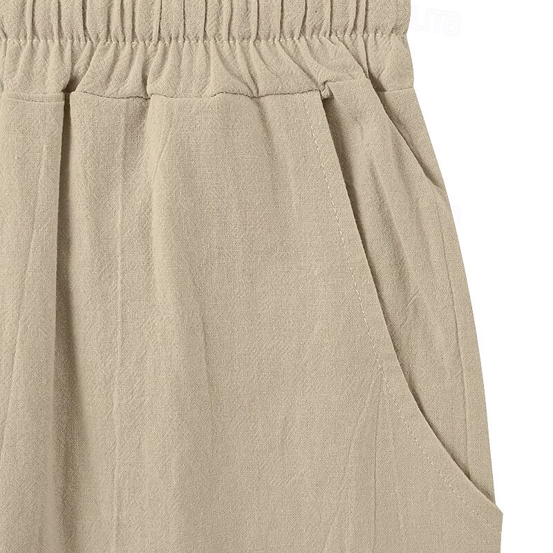 Men's Linen Pants Trousers Summer Pants Baggy Pants Elastic Waist Pleats Straight Leg Plain Comfort Breathable Full Length Outdoor Daily Holiday Vacation Fashion Black White Inelastic3