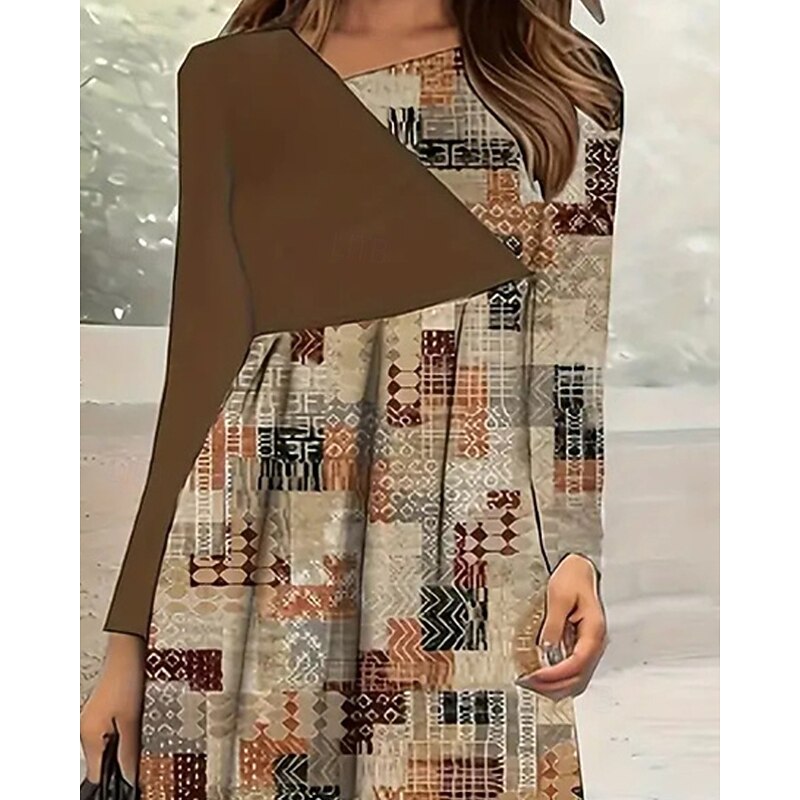 Women's Long Dress Maxi Dress Casual Dress Print Dress Fashion Modern Daily Date Weekend Regular Fit Geometric Long Sleeve V Neck Brown Spring Fall2