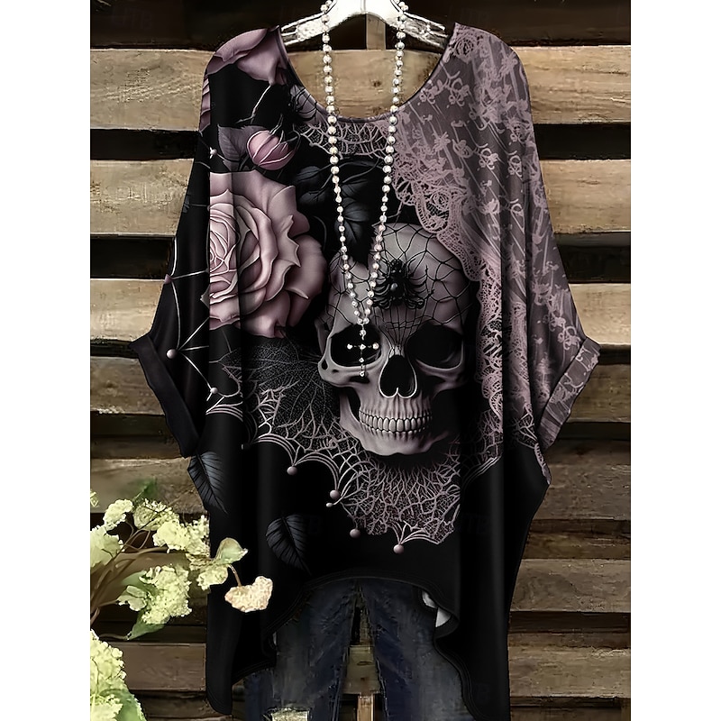 Halloween Women's Blouse Graphic Vintage Daily Casual Short Sleeve Half Sleeve Batwing Sleeve Crew Neck Long Tops Daily Holiday Blue Purple Brown Khaki Summer Spring3