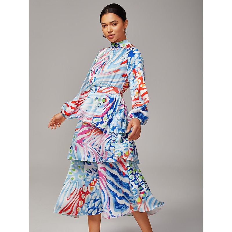 Women's Watercolor Leopard Print Chiffon Tiered Dress Raglan Sleeve Asymmetrical Layered Hem Elegant Stylish Casual Bold Print Daily Work Fall4