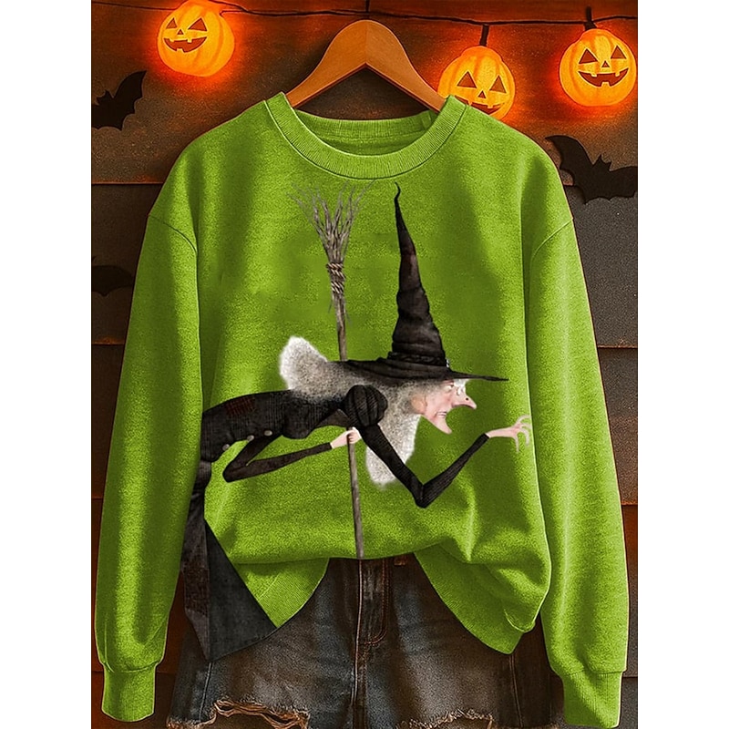 Halloween Women's Pullover Sweatshirt Witch Graphic Fashion Casual Long Sleeve Crew Neck Regular Tops Street Dailywear Casual Print Green Fall Winter
