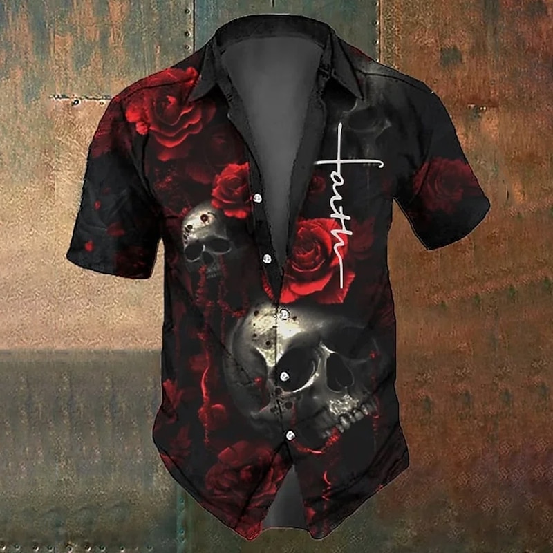 Men's Halloween Costumes Day of the Dead Skulls Shirt Button Up Shirt Short Sleeve Dark Punk Gothic Style Holiday Summer Spring Turndown 3D Print Collared Shirts Black 1 Black Black 2