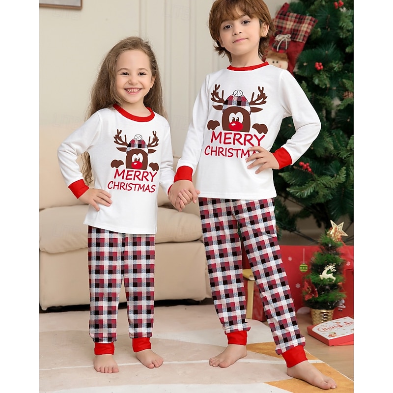 Family Pajamas Plaid Christmas Pattern Home Print White Long Sleeve Active Matching Outfits2