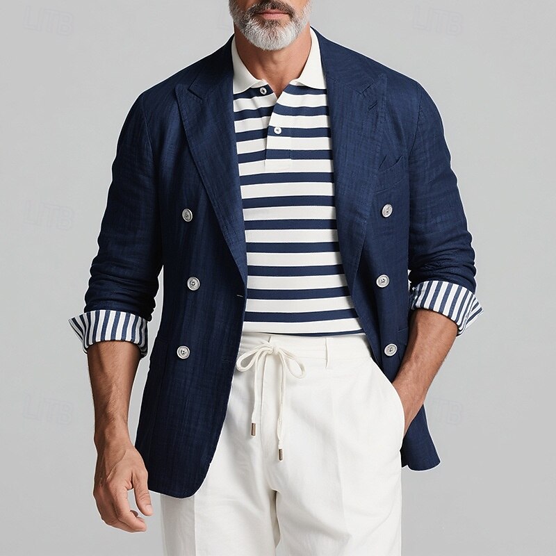 Men's Blazer Business Cocktail Party Wedding Party Fashion Casual Spring Fall Polyester Stripes Pocket Buttons Comfortable Double Breasted Blazer Blue