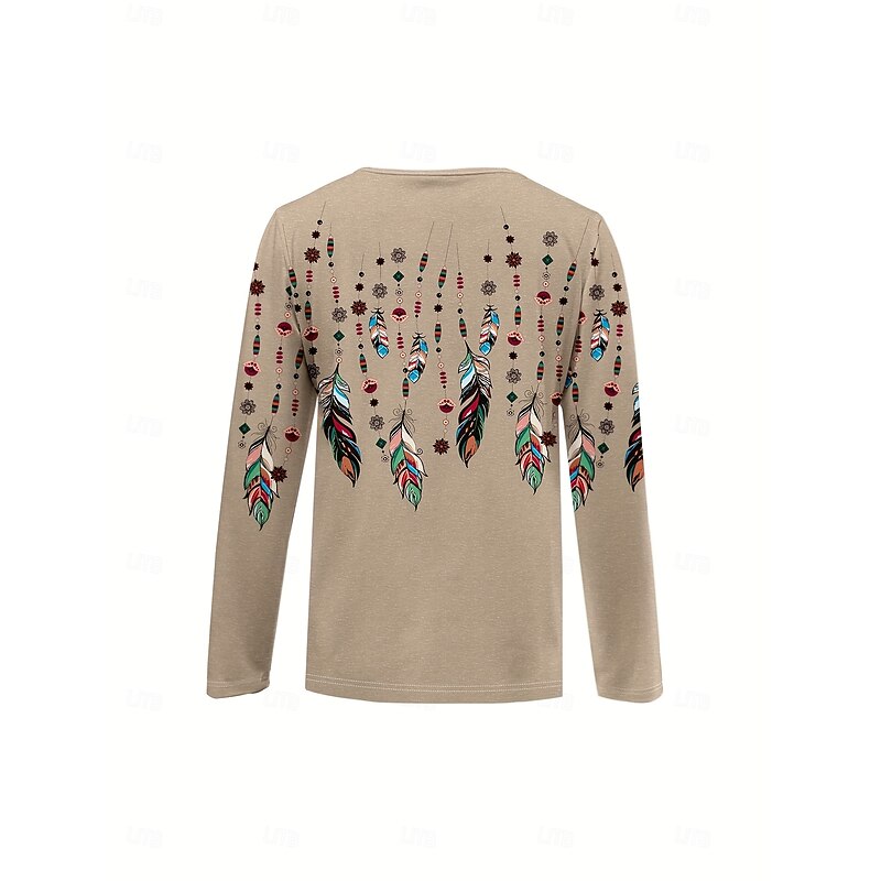 Women's T shirt Long Sleeve Graphic Feather Elegant Vintage Stylish Long Sleeve V Neck Regular Tops Daily Weekend Zipper Print Khaki Spring Fall Prefall3