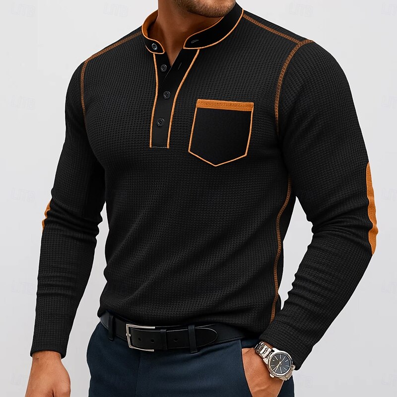 Men's Waffle Henley Shirt Tee Long Sleeve Henley Summer Fall Winter Solid Color Plain Fashion Designer Casual Color Block Buttons Basic Outdoor Casual Daily Black Navy Blue Brown Top Tee for Men2