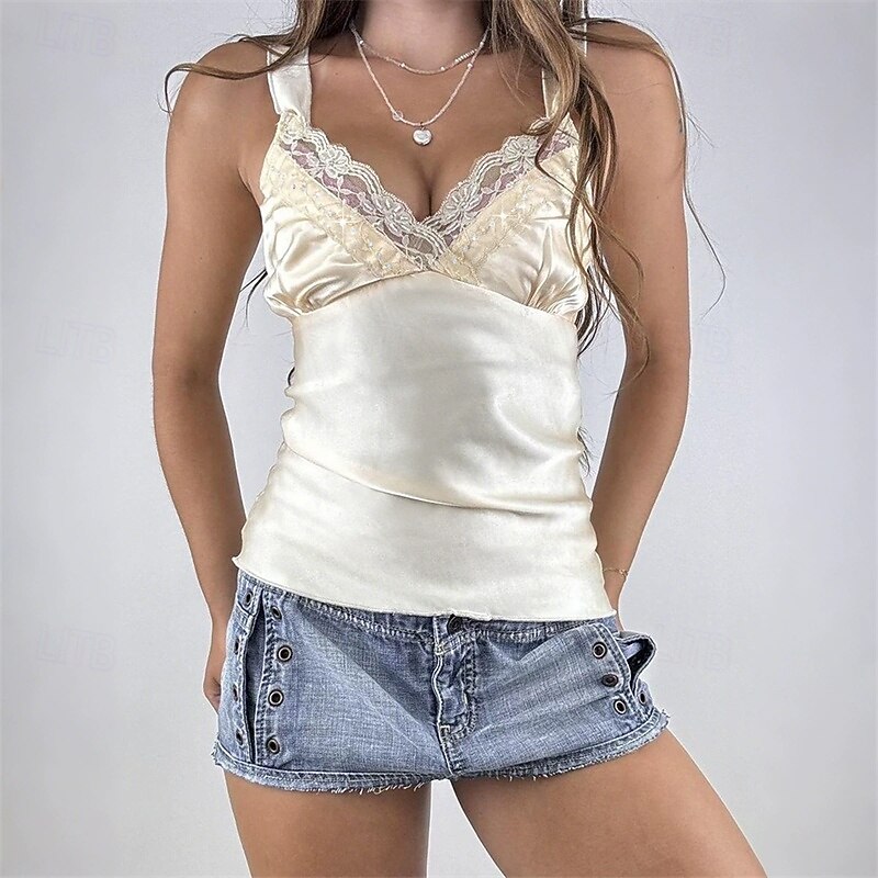 Women's Tank Top Plain Casual Sleeveless V Neck Regular Tops Daily Going out Weekend Lace White Pink Wine Blue Summer