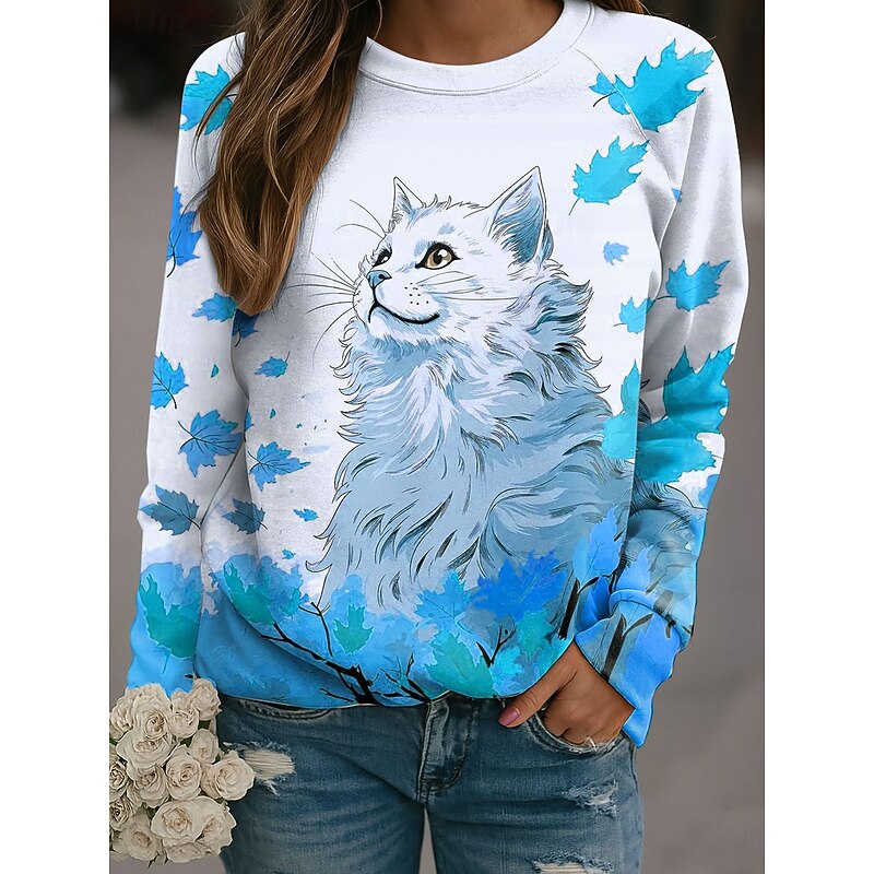 Women's Pullover Graphic Cat Casual Long Sleeve Crew Neck Regular Tops Casual Pink Blue Orange Green Spring Fall Winter4