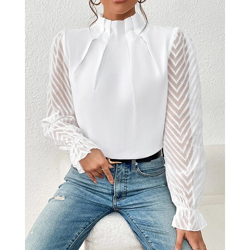 Women's Shirt Blouse Plain Modern Casual Long Sleeve High Neck Regular Tops Daily Going out Patchwork Black White Navy Blue Beige Fall3