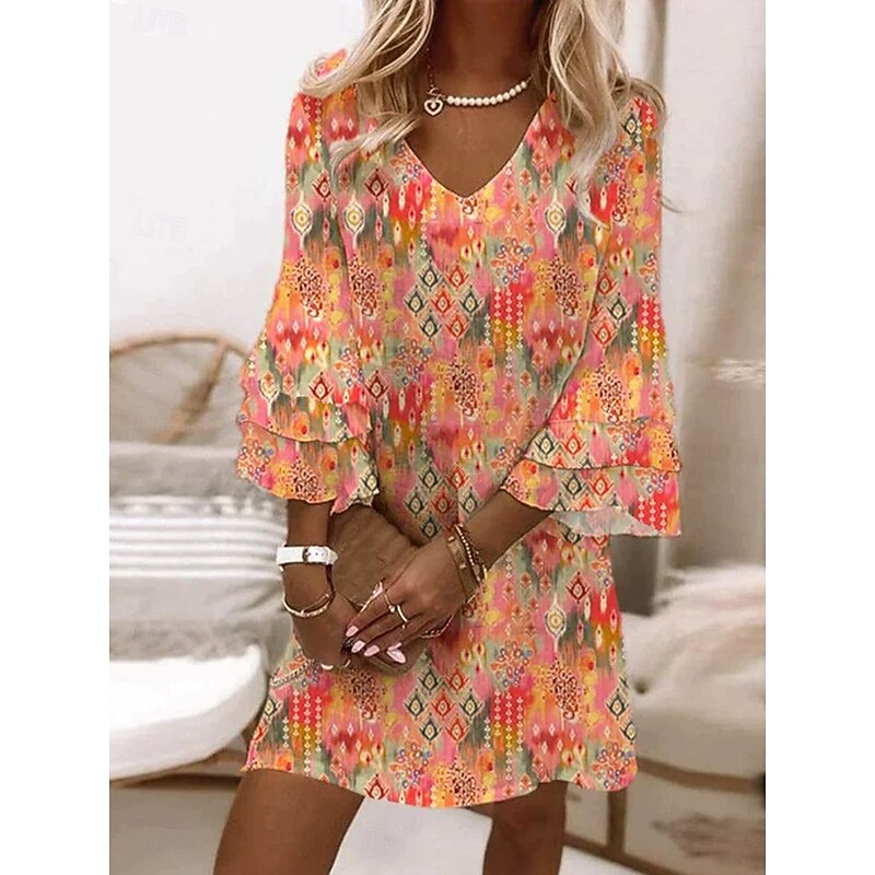 Women's Mini Dress Casual Dress Sundress A Line Dress Vacation Casual Boho Party Regular Fit Floral Graphic Abstract 3/4 Length Sleeve V Neck Magenta Ink Blue Orange Spring Fall