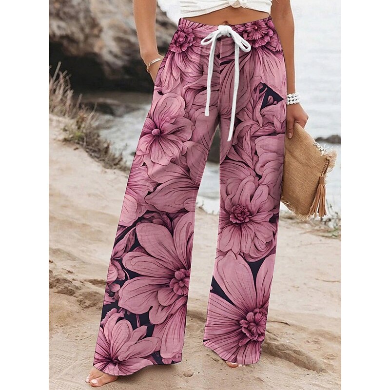 Women's Wide Leg Pants Trousers Vacation Casual Long High Waist Floral Elastic Waist Printing High Cut Breathability Soft Micro-elastic Vacation Street Daily Wear Fuchsia Spring Fall Regular Fit