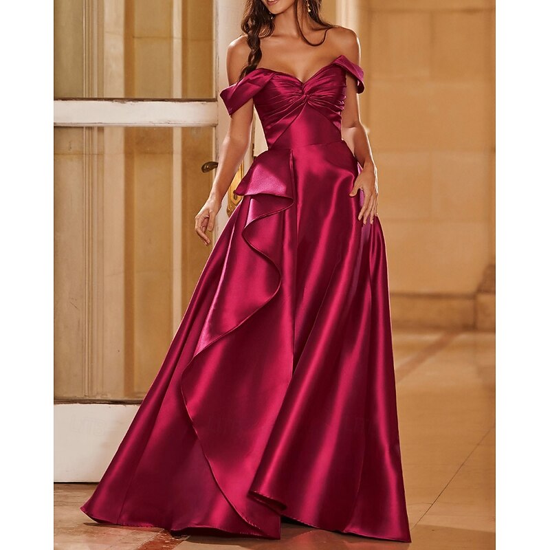 Burgundy Evening Gown Elegant Dress Formal Wedding Court Train Off Shoulder Sweetheart Stretch Satin with  Ruffles Slit and Pockets 20254