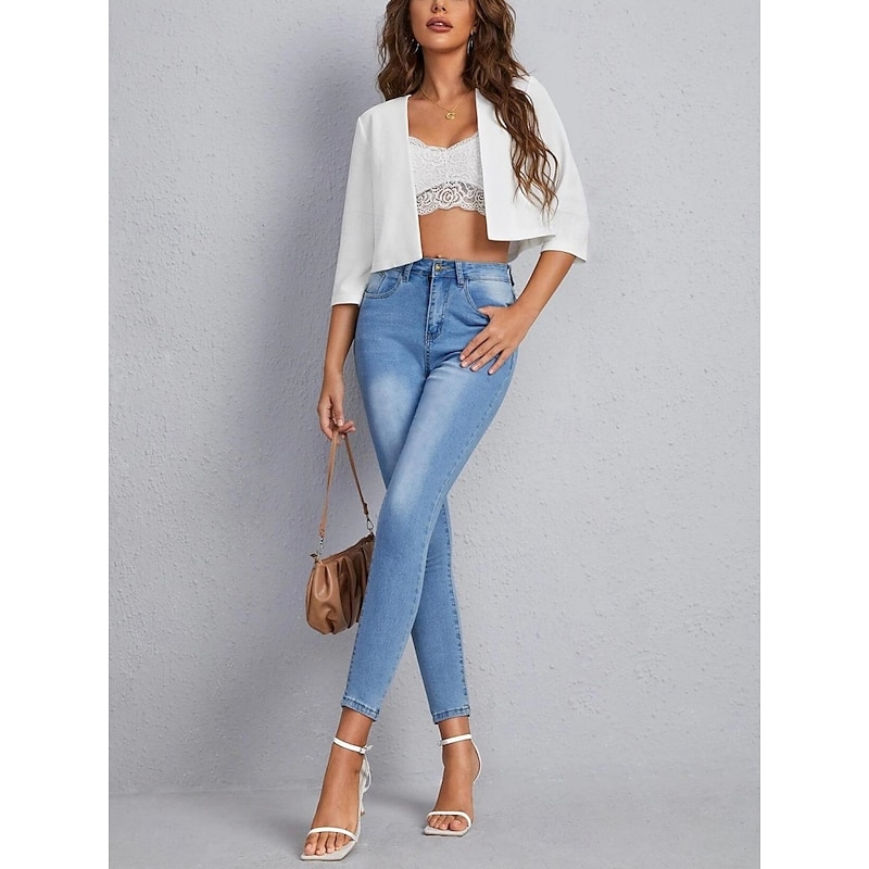 Women's Casual Jacket Comfortable Breathable Open Front Casual Plain Vacation Street Casual Daily Wear Open Front Short V Neck Regular Fit Long Sleeve Outerwear Navy Black White Summer Spring4