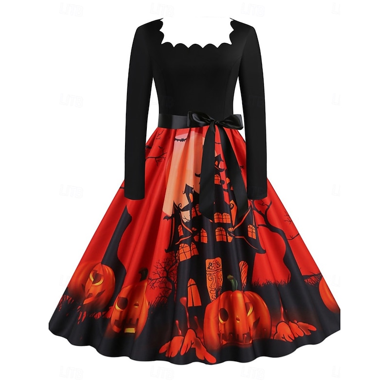 Halloween Women's Castle Print Midi Dress A Line Dress Casual Daily Holiday Regular Fit Pumpkin Long Sleeve Square Neck Dark Yellow Black Yellow Orange Summer Spring Fall