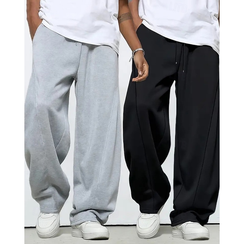 Multi Packs 2pcs Men's Black+Gray Sweatpants Trousers Straight Leg Sweatpants Drawstring Elastic Waist Plain Vacation Daily Wear Polyester Spring